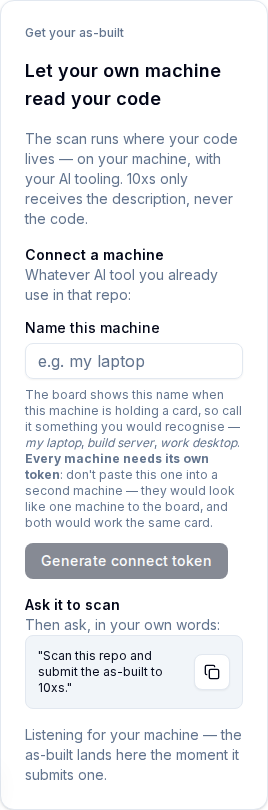 Connect-to-scan panel with a machine name field, Generate connect token button, and scan prompt