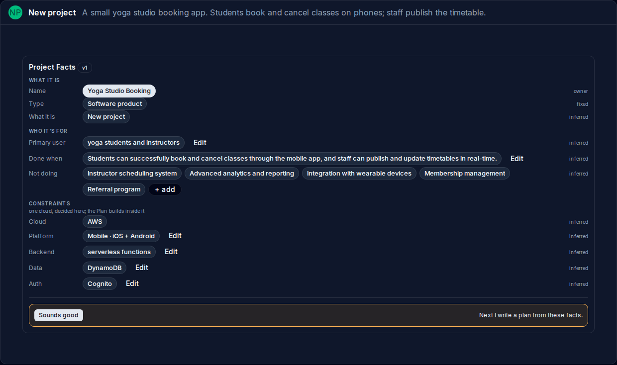 Project facts panel showing the written brief and Sounds good approval control