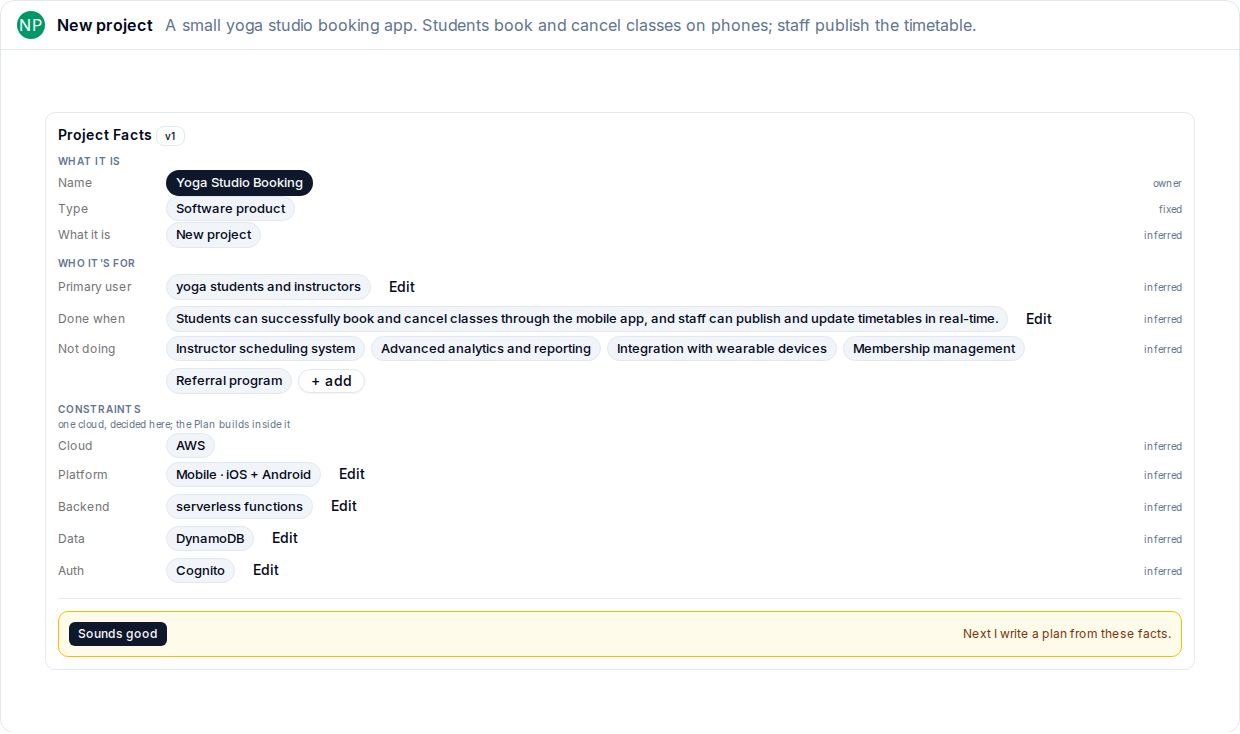 Project facts panel showing the written brief and Sounds good approval control