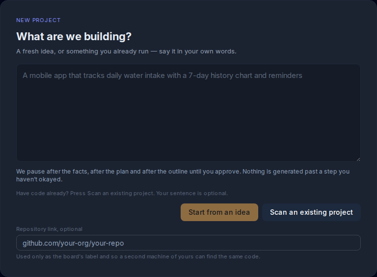 New project screen with a prompt describing what to build
