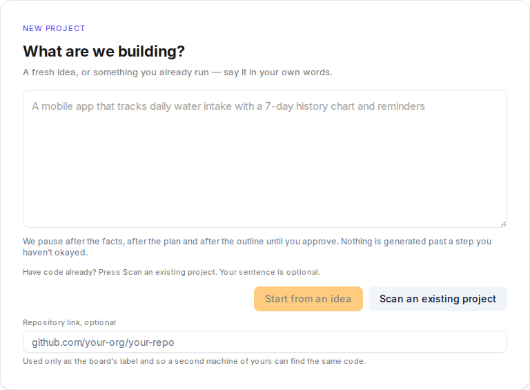 New project screen with a prompt describing what to build