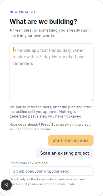 New project screen with a prompt describing what to build