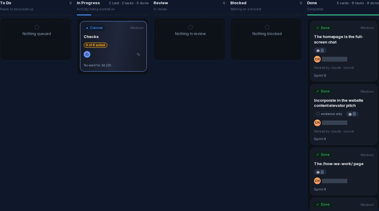 Project board showing work cards across workflow columns