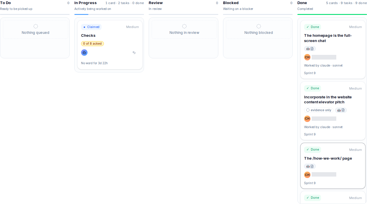 Project board showing work cards across workflow columns